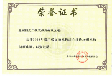 喜訊！貴州陽光產(chǎn)權(quán)交易所獲得2024年度全國產(chǎn)權(quán)交易機構(gòu)2項30強榮譽